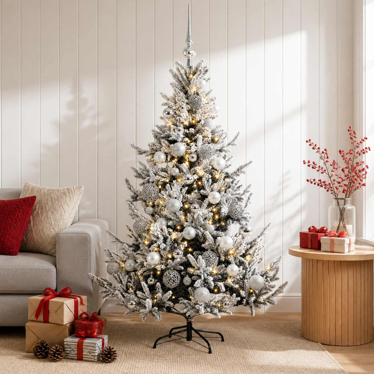 Artificial Christmas Tree with Bauble 150 LEDs Green and White 120 cm with LEDs & silver balls
