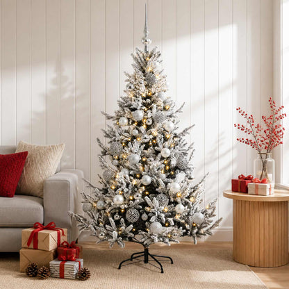 Artificial Christmas Tree with Bauble 150 LEDs Green and White 150 cm with LEDs & silver balls