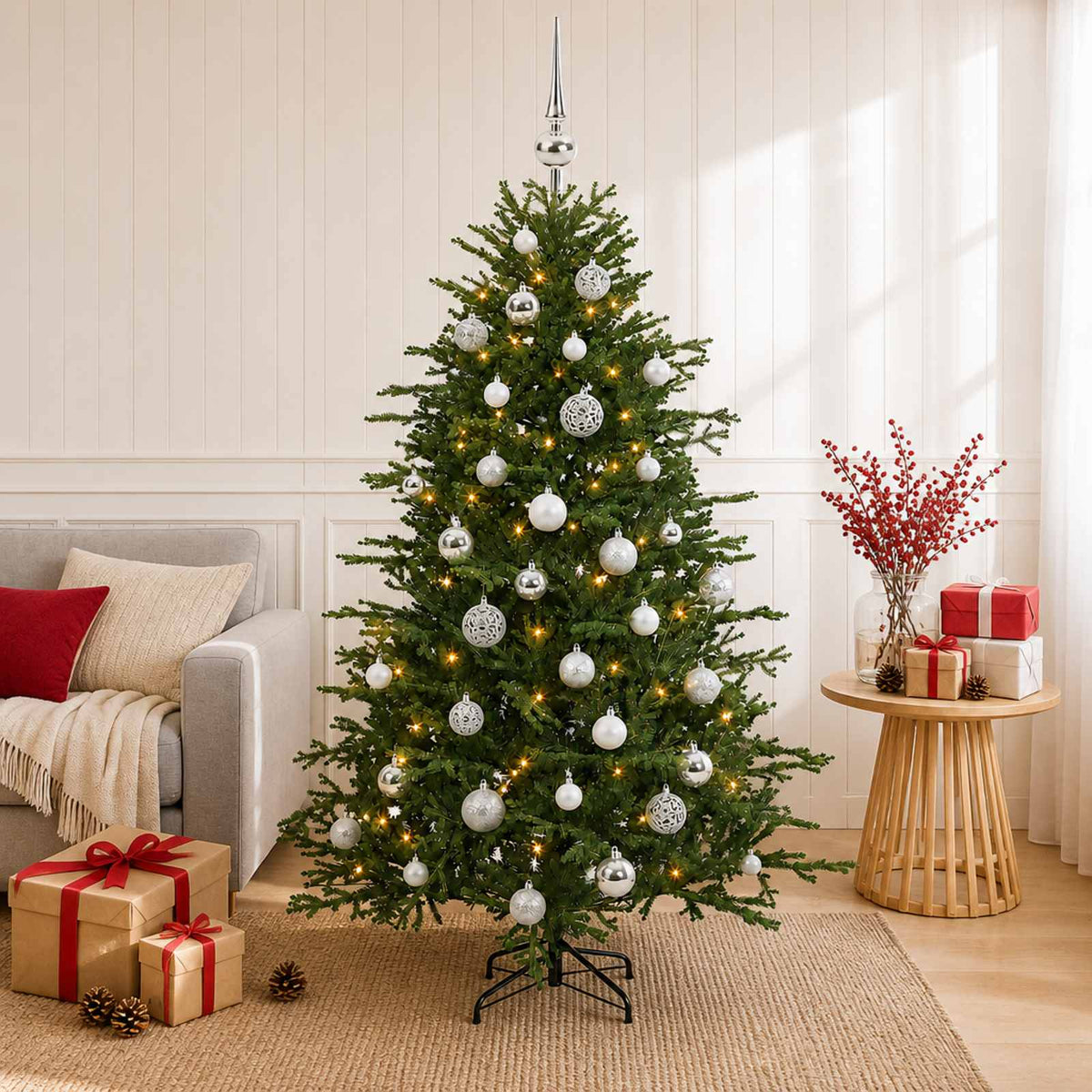 Artificial Christmas Tree with Bauble 150 LEDs 120 cm with LEDs & silver balls