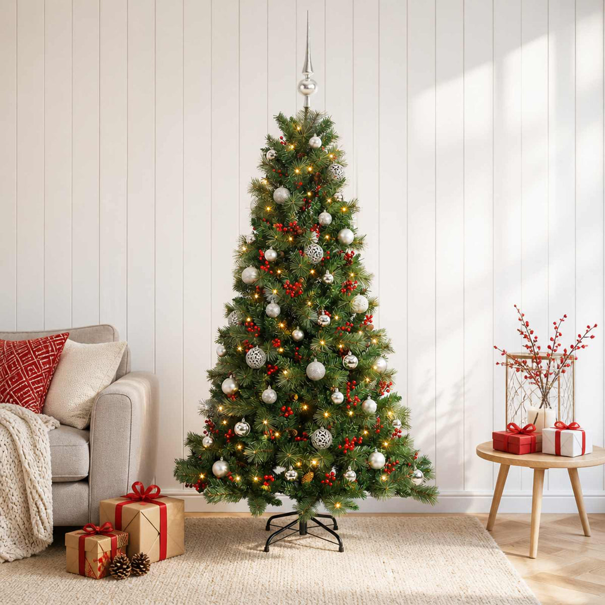 Artificial Christmas Tree with Bauble 150 LEDs 120 cm with LEDs & silver balls