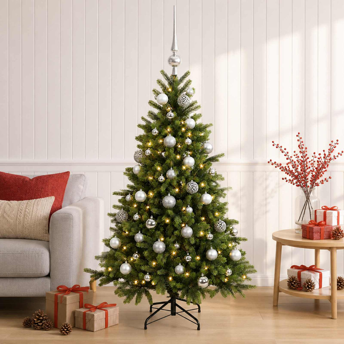 Artificial Christmas Tree with Bauble 150 LEDs 150 cm with LEDs & silver balls