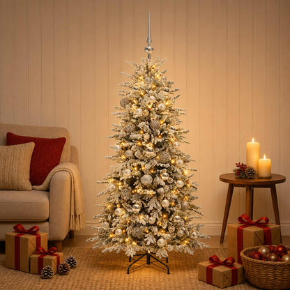 Artificial Hinged Christmas Tree 150 LEDs Warm White Green and White 120 cm with LEDs & silver balls