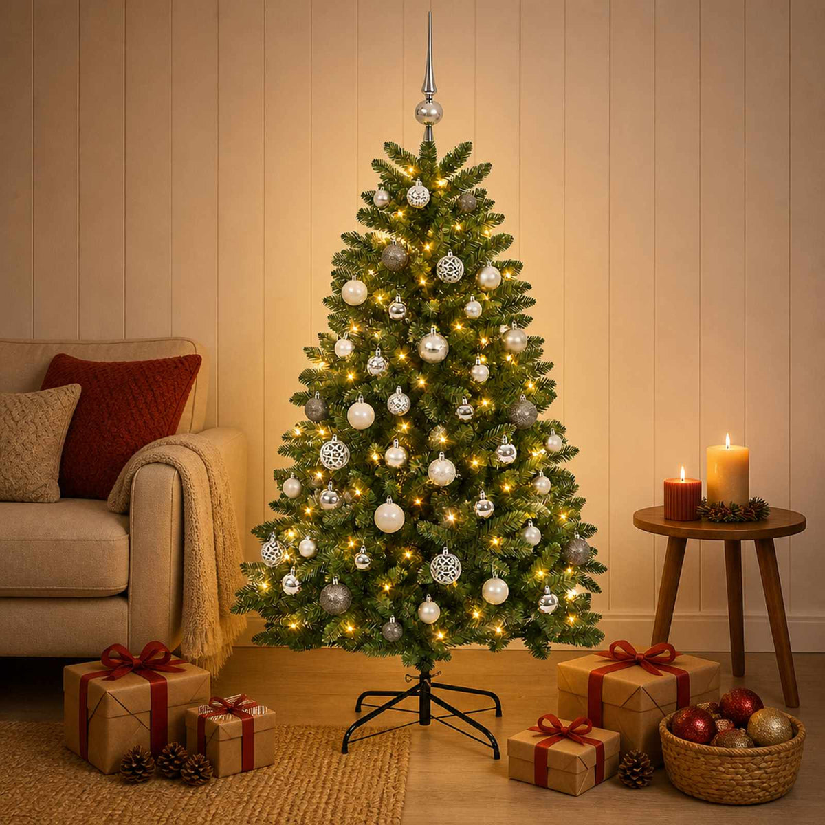 Artificial Christmas Tree Mid-green with Bauble 150 cm 150 LEDs Medium Green Ø 80 x 150 cm with 150 LEDs&silver balls