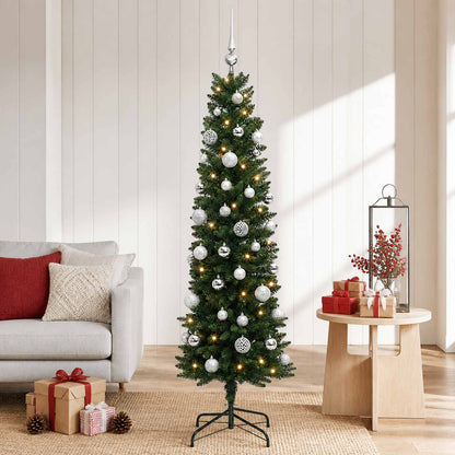 Artificial Slim Christmas Tree with Bauble 150 LEDs Green 120 cm with LEDs & silver balls