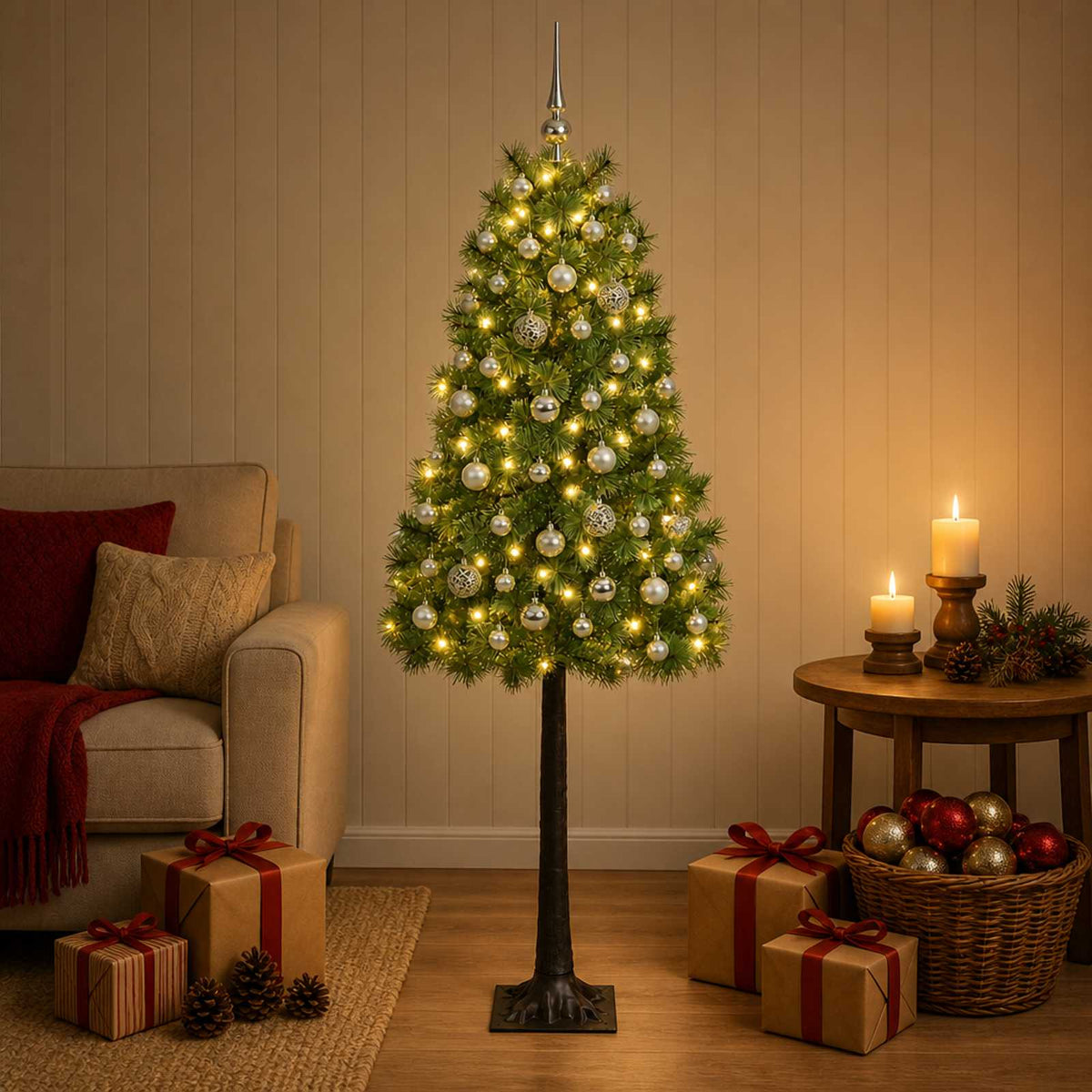 vidaXL Artificial Hinged Christmas Tree with Baubles 150 cm 150 LEDs 1
