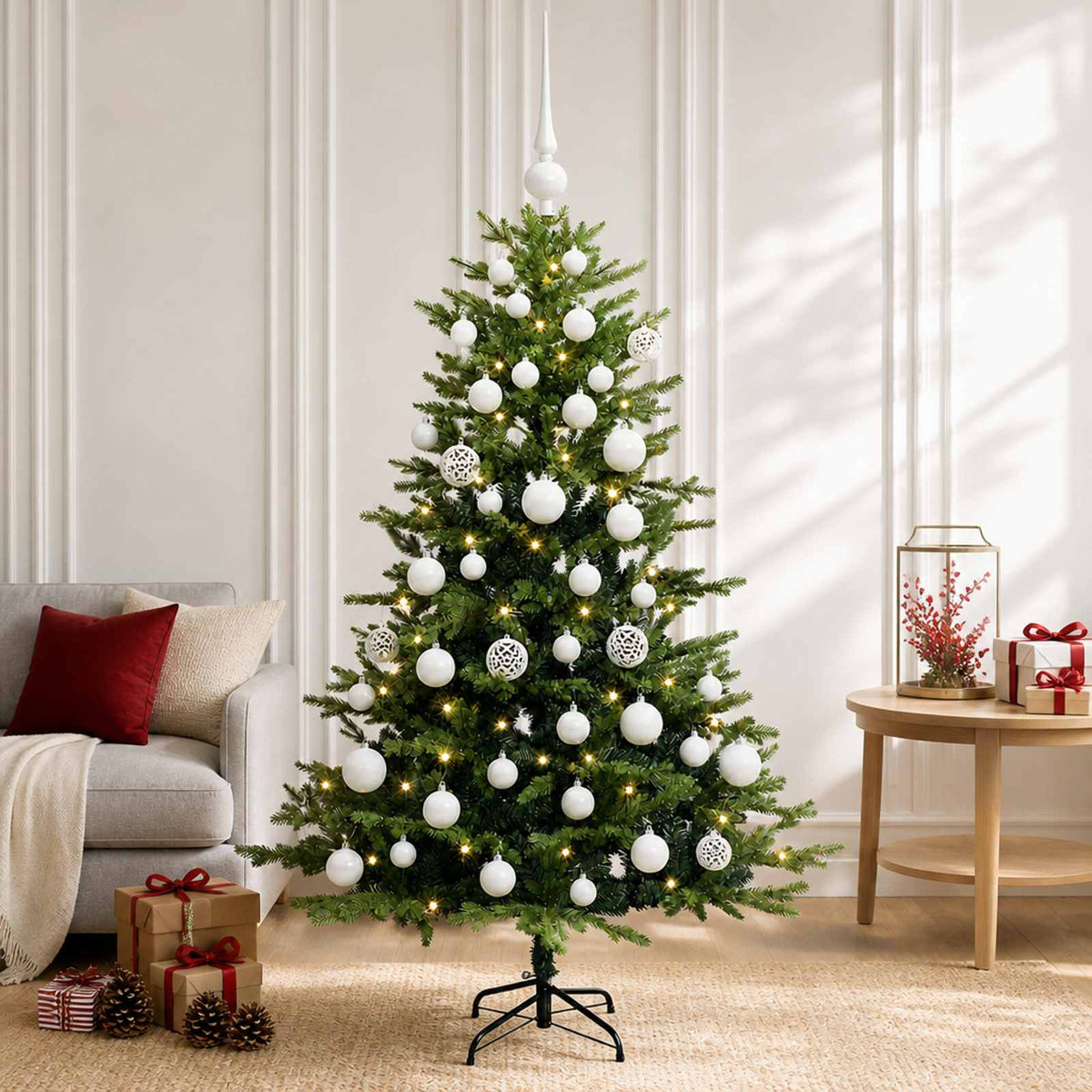 Artificial Christmas Tree with Bauble 150 LEDs Green Height 120 cm with LEDs & white balls