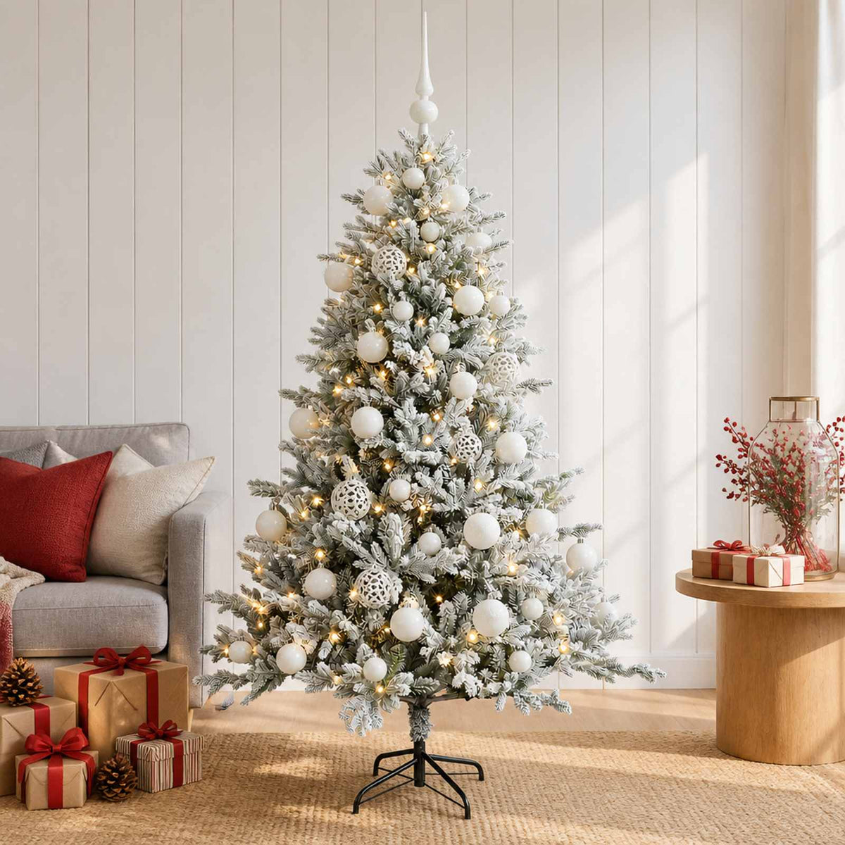 Artificial Christmas Tree with Bauble 150 LEDs Green and White 120 cm with LEDs & white balls