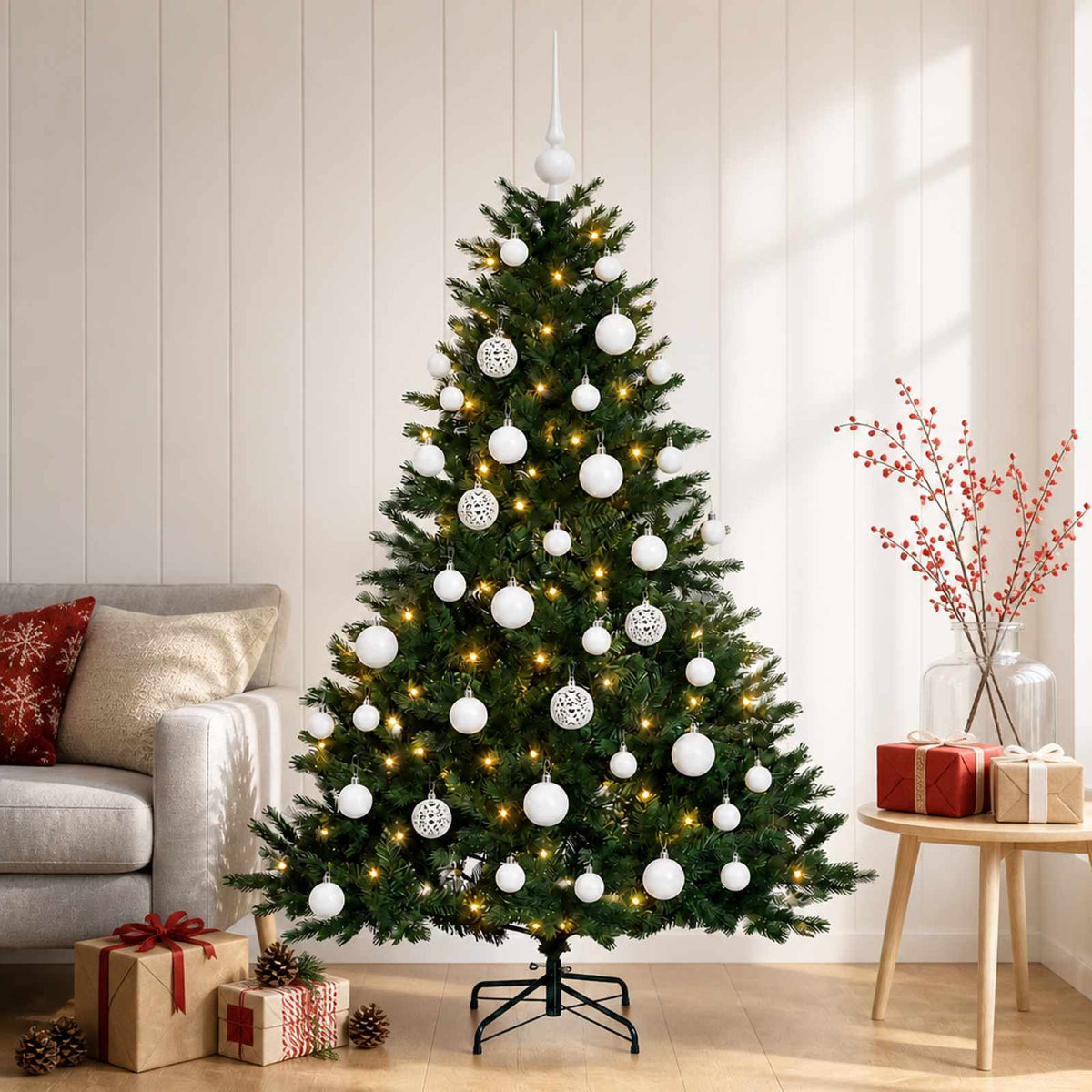 Artificial Christmas Tree with Bauble 150 LEDs Green with LEDs & white balls