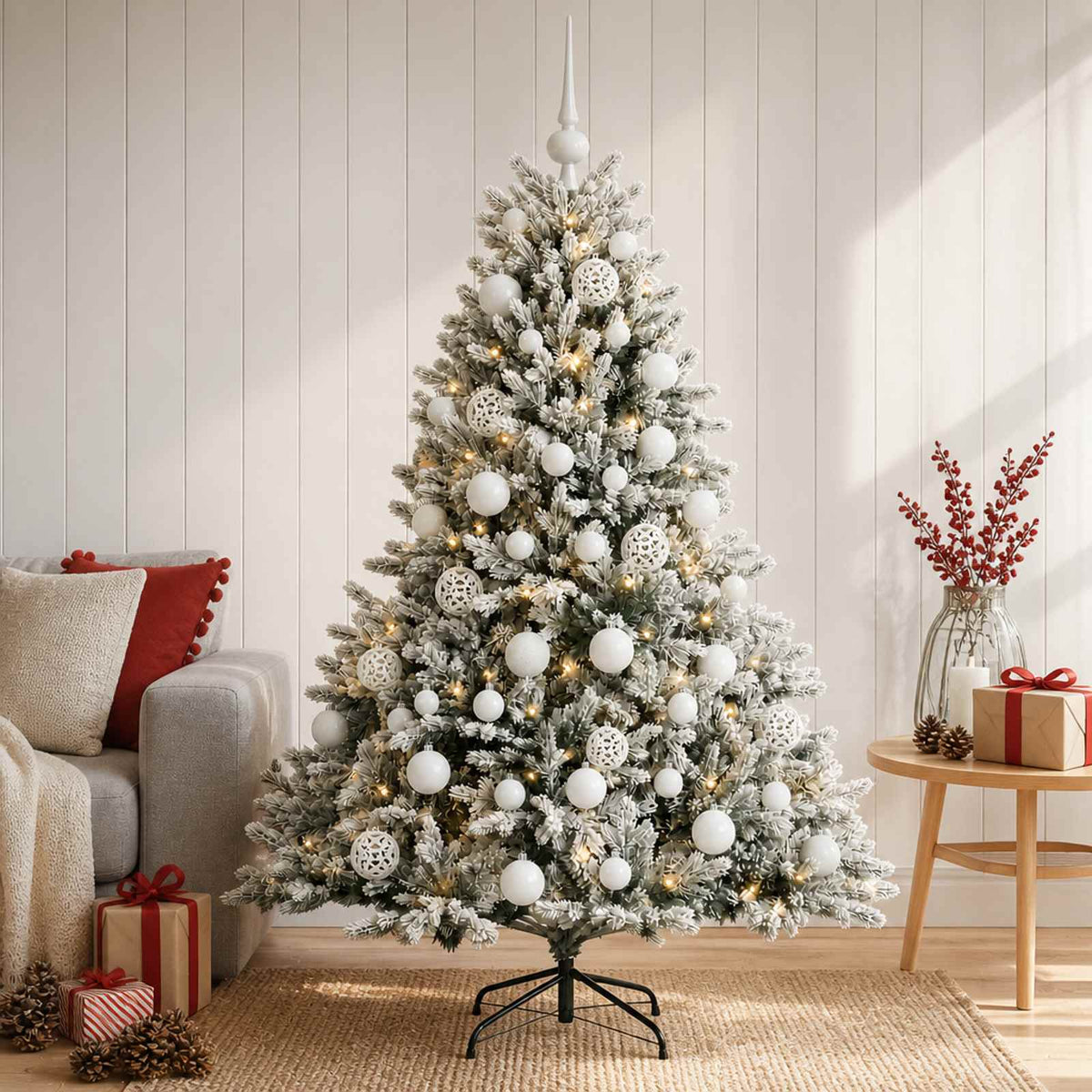 Artificial Christmas Tree with Bauble 150 LEDs Green and White Height 120 cm with LEDs & white balls