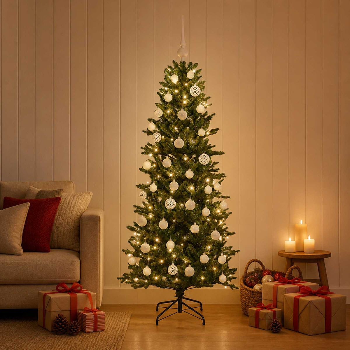 Artificial Christmas Tree with Bauble 150 LEDs Green with LEDs & white balls