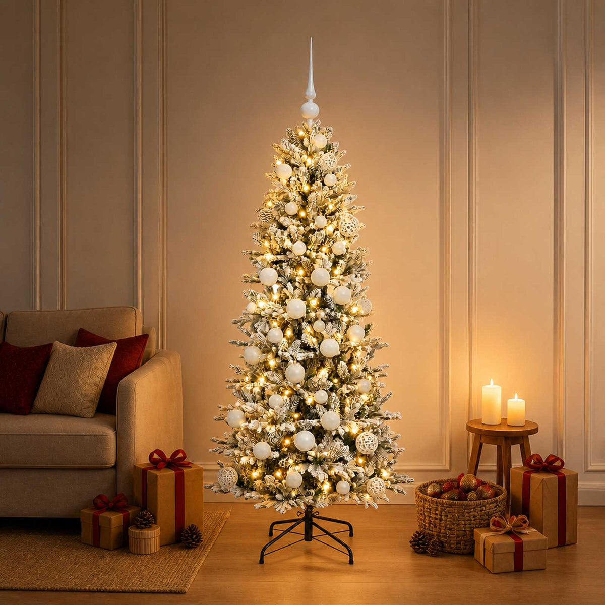 Artificial Christmas Tree with Bauble 150 LEDs Green and White Height 120 cm with LEDs & white balls