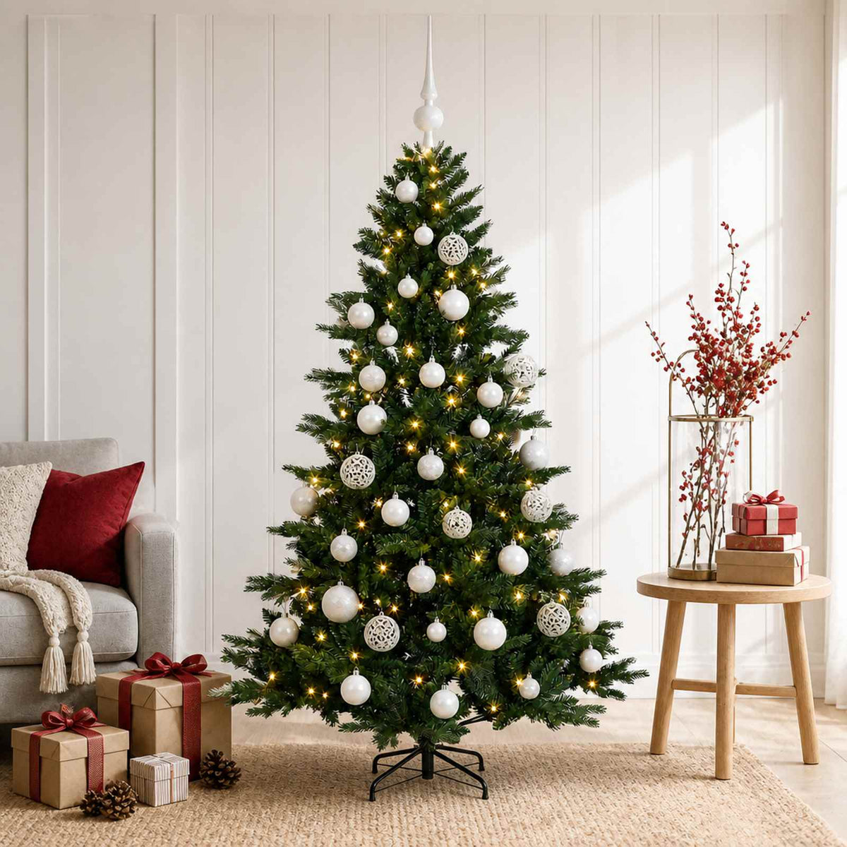 Artificial Christmas Tree with Bauble 150 LEDs Height 120 cm with LEDs & white balls