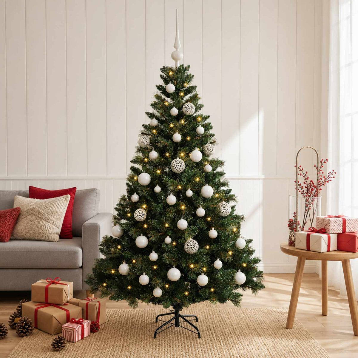 Artificial Christmas Tree with Bauble 150 LEDs Green Height 120 cm with LEDs & white balls