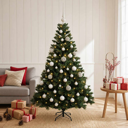 Artificial Christmas Tree with Bauble 150 LEDs Green with LEDs & white balls