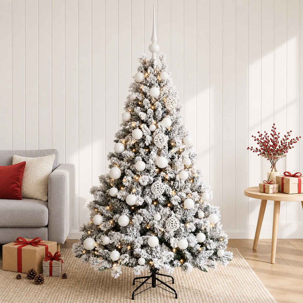 Artificial Christmas Tree with Bauble 150 LEDs Green and White with LEDs & white balls