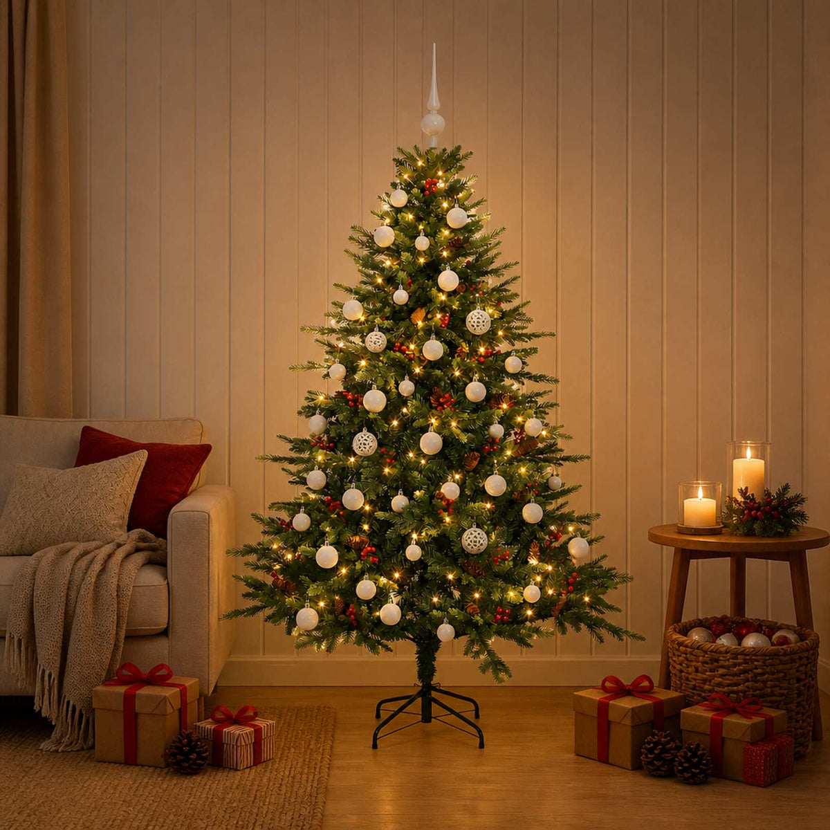 Artificial Christmas Tree with Bauble 150 LEDs Green 150 cm with LEDs & white balls