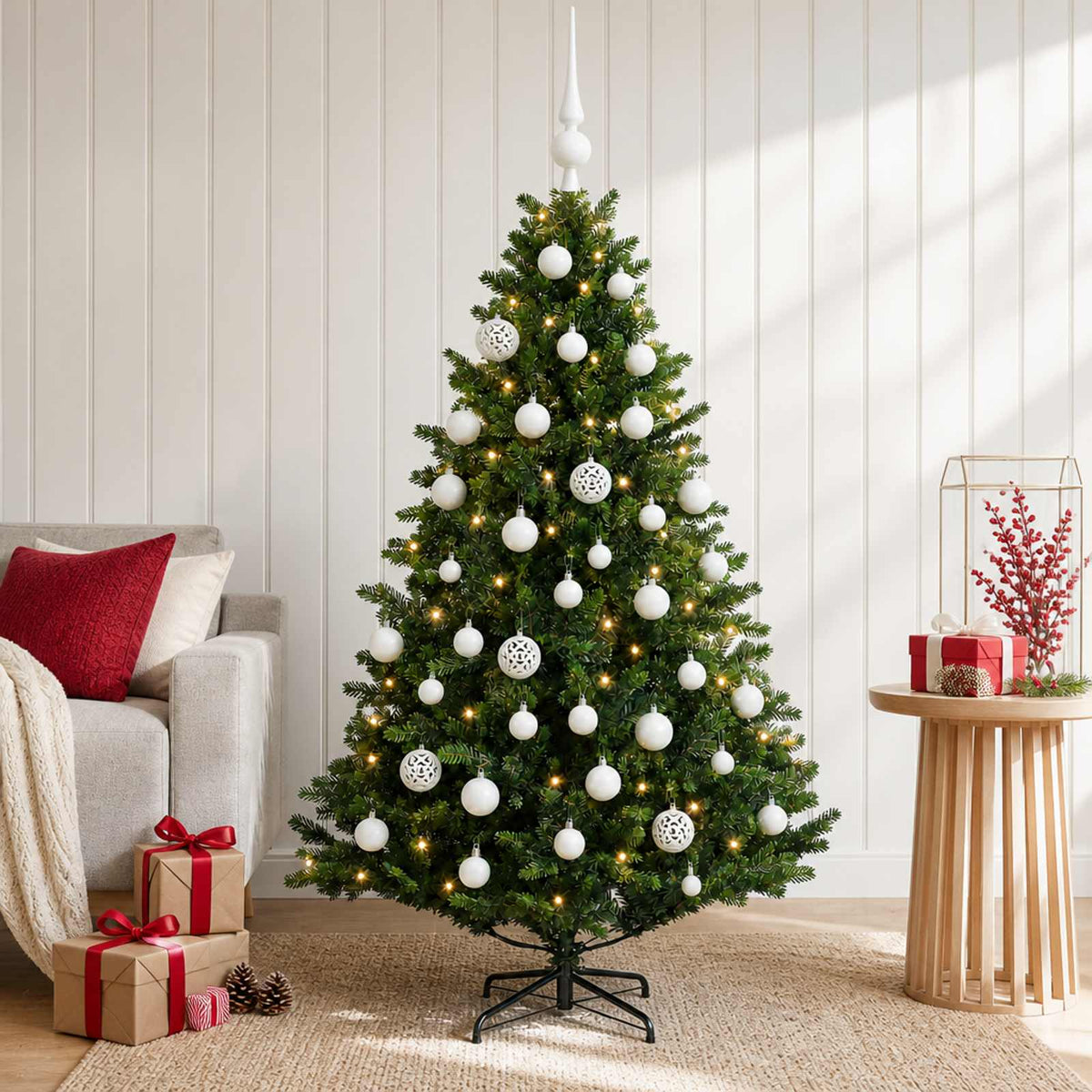 Artificial Christmas Tree with Bauble 150 LEDs Green 150 cm with LEDs & white balls
