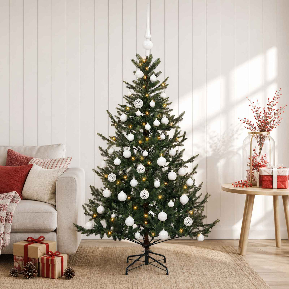 Artificial Christmas Tree with Bauble 150 LEDs Green 120 cm with LEDs & white balls