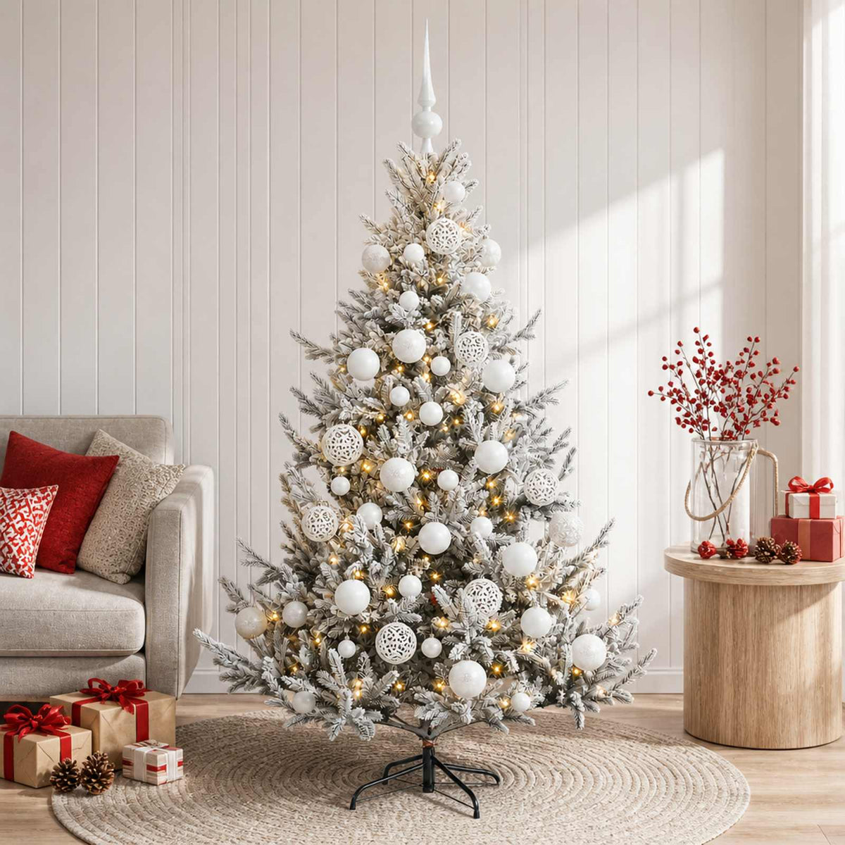 Artificial Christmas Tree with Bauble 150 LEDs Green and White 120 cm with LEDs & white balls