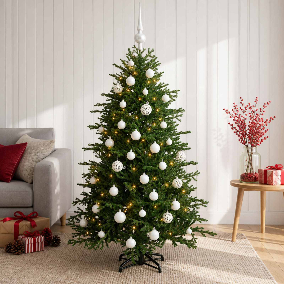 Artificial Christmas Tree with Bauble 150 LEDs 120 cm with LEDs & white balls