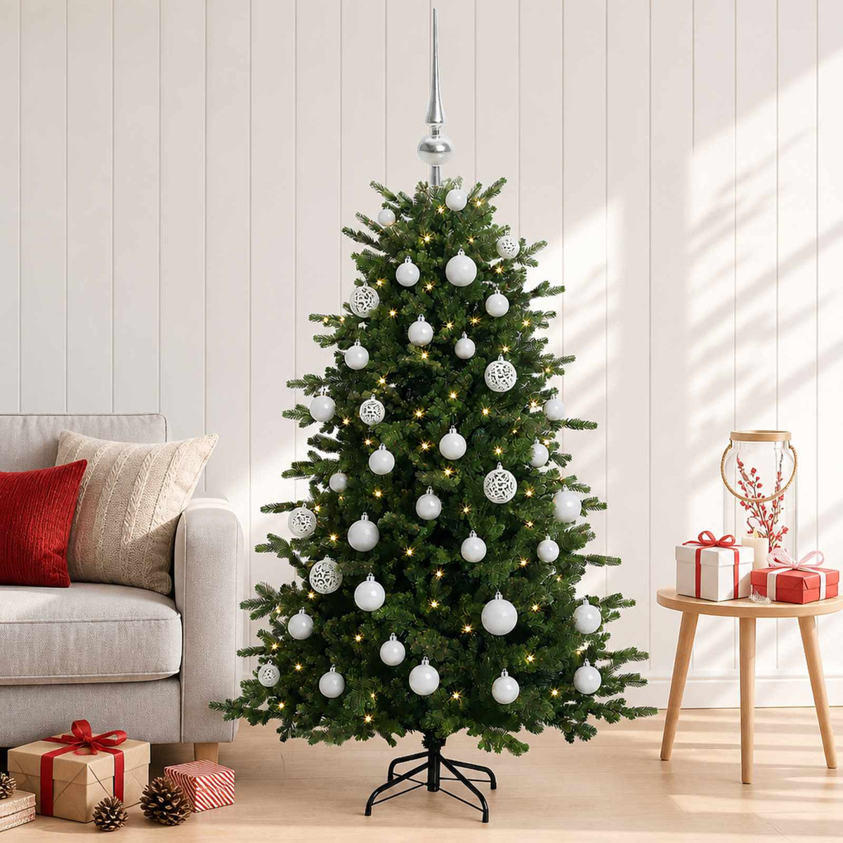 Artificial Christmas Tree with Bauble 150 LEDs 120 cm with LEDs & white balls