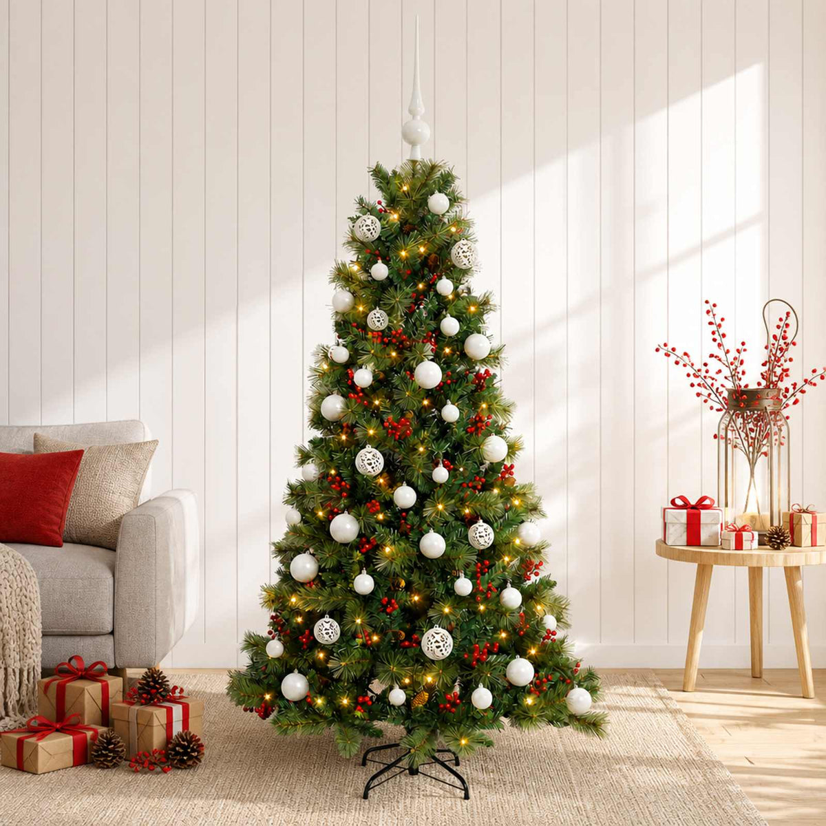 Artificial Christmas Tree with Bauble 150 LEDs 150 cm with LEDs & white balls