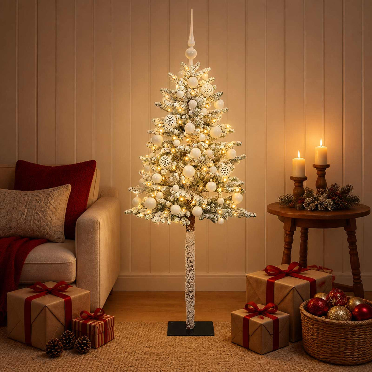 Artificial Christmas Tree with Bauble 150 LEDs Green and white 120 cm with LEDs & white balls
