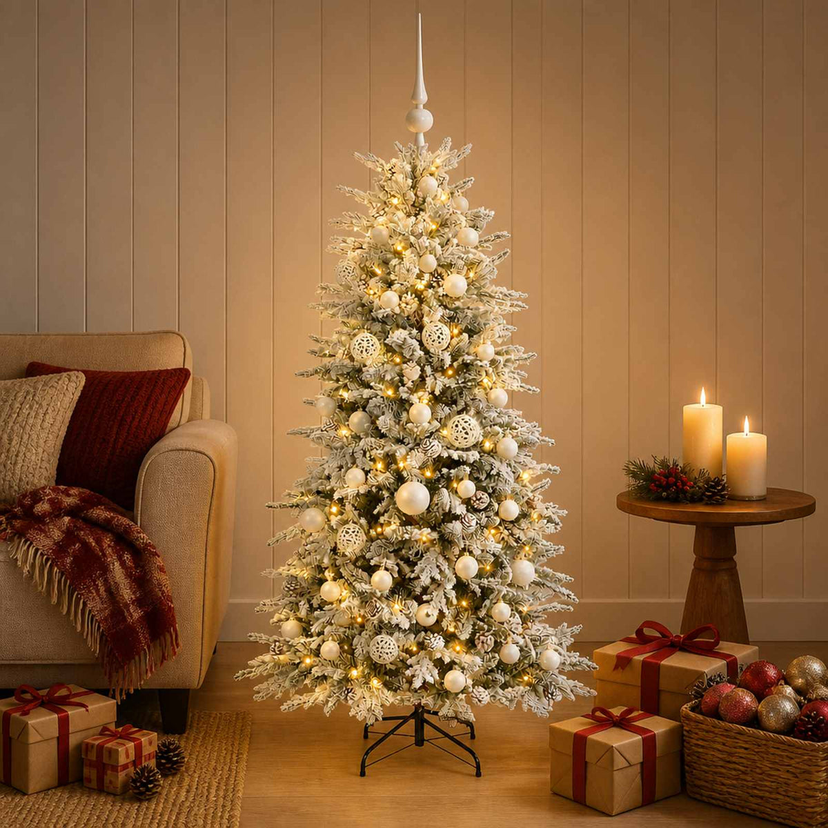 Artificial Hinged Christmas Tree 150 LEDs Warm White Green and White 120 cm with LEDs & white balls