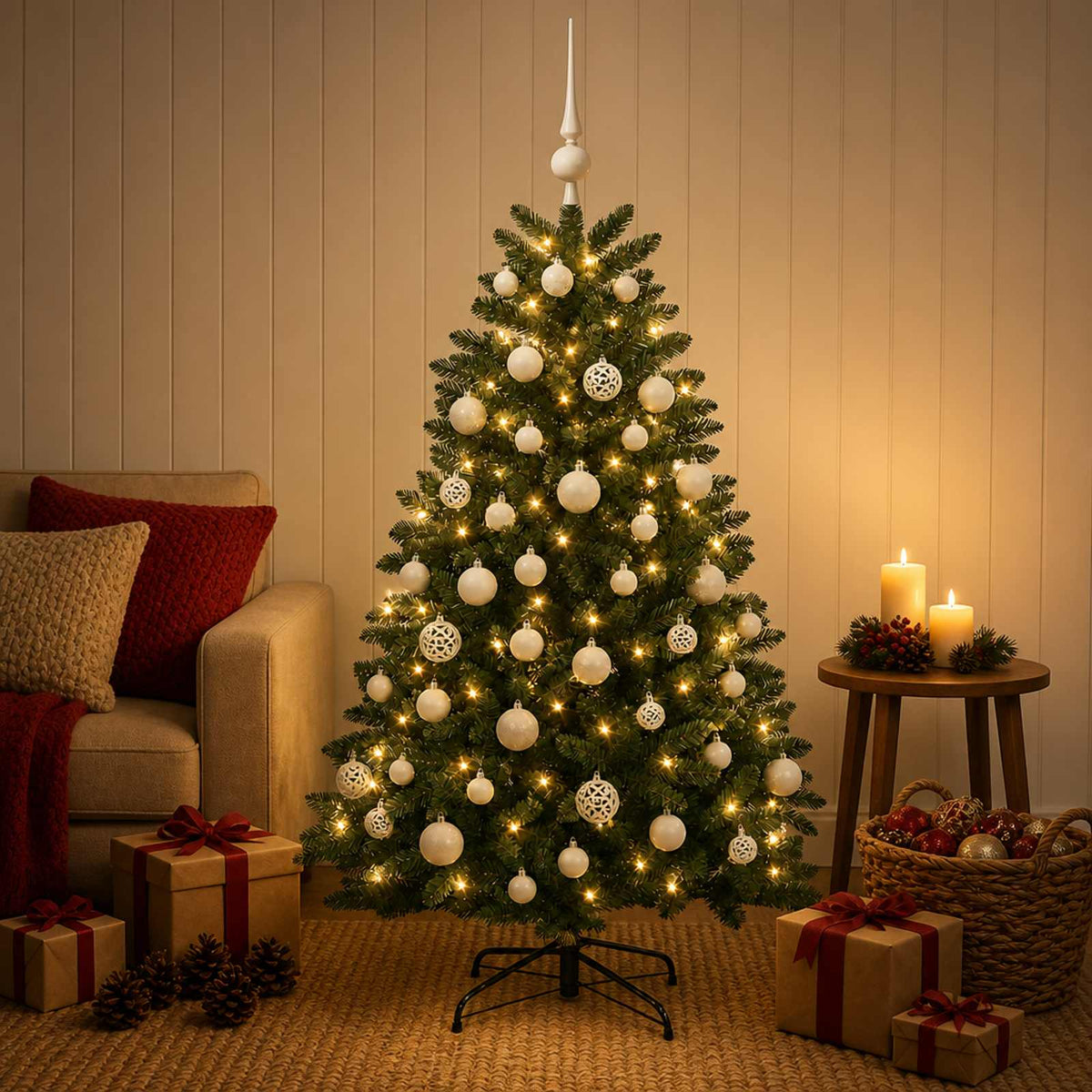 Artificial Christmas Tree Mid-green with Bauble 150 cm 150 LEDs Medium Green Ø 80 x 150 cm with 150 LEDs&white balls