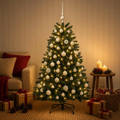 Artificial Christmas Tree Mid-green with Bauble 150 cm 150 LEDs Medium Green Ø 80 x 150 cm with 150 LEDs&white balls