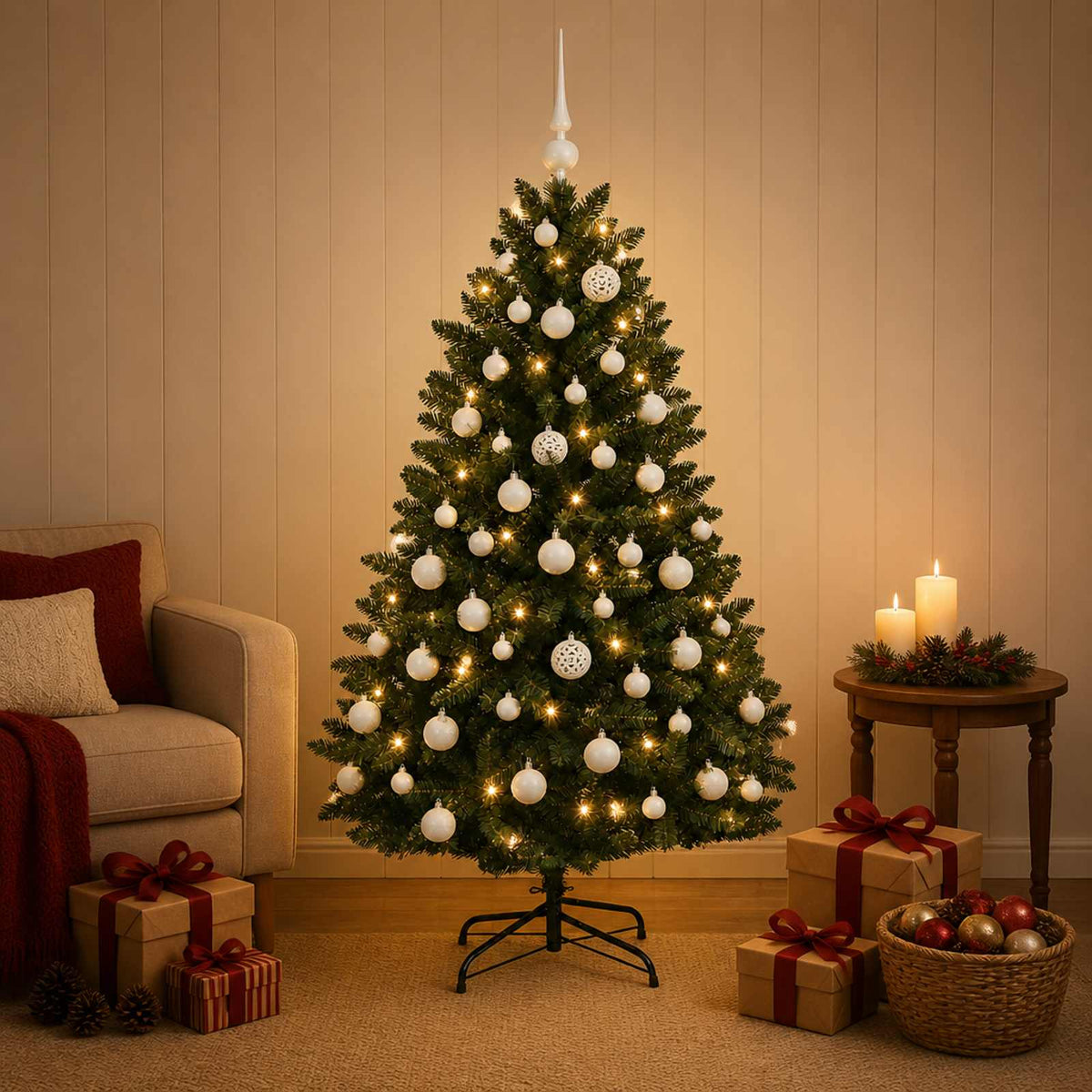 Artificial Christmas Tree with Bauble 150 cm Dark Green Ø 80 x 150 cm with 150 LEDs&white balls