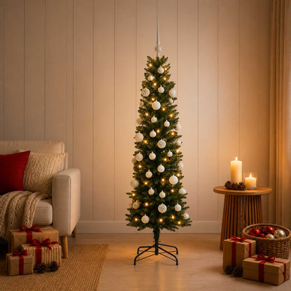 Artificial Slim Christmas Tree with Bauble 150 LEDs Green 120 cm with LEDs & white balls