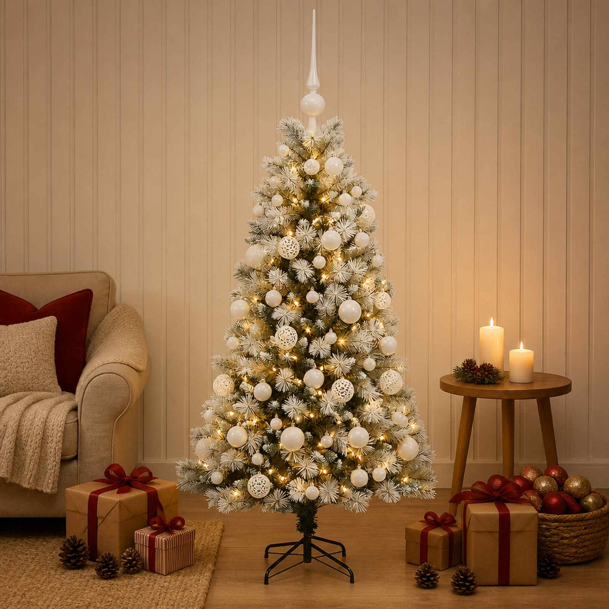 vidaXL Artificial Hinged Christmas Tree with Baubles 150 LEDs