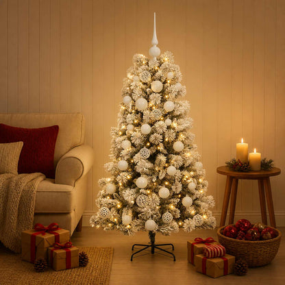 vidaXL Artificial Hinged Christmas Tree with Baubles 150 LEDs Green and white