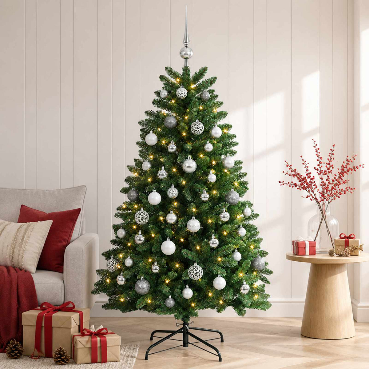 Artificial Christmas Tree Mid-green with Bauble 180 cm 300 LEDs Medium Green Ø 90 x 180 cm with 300 LEDs&white/grey balls