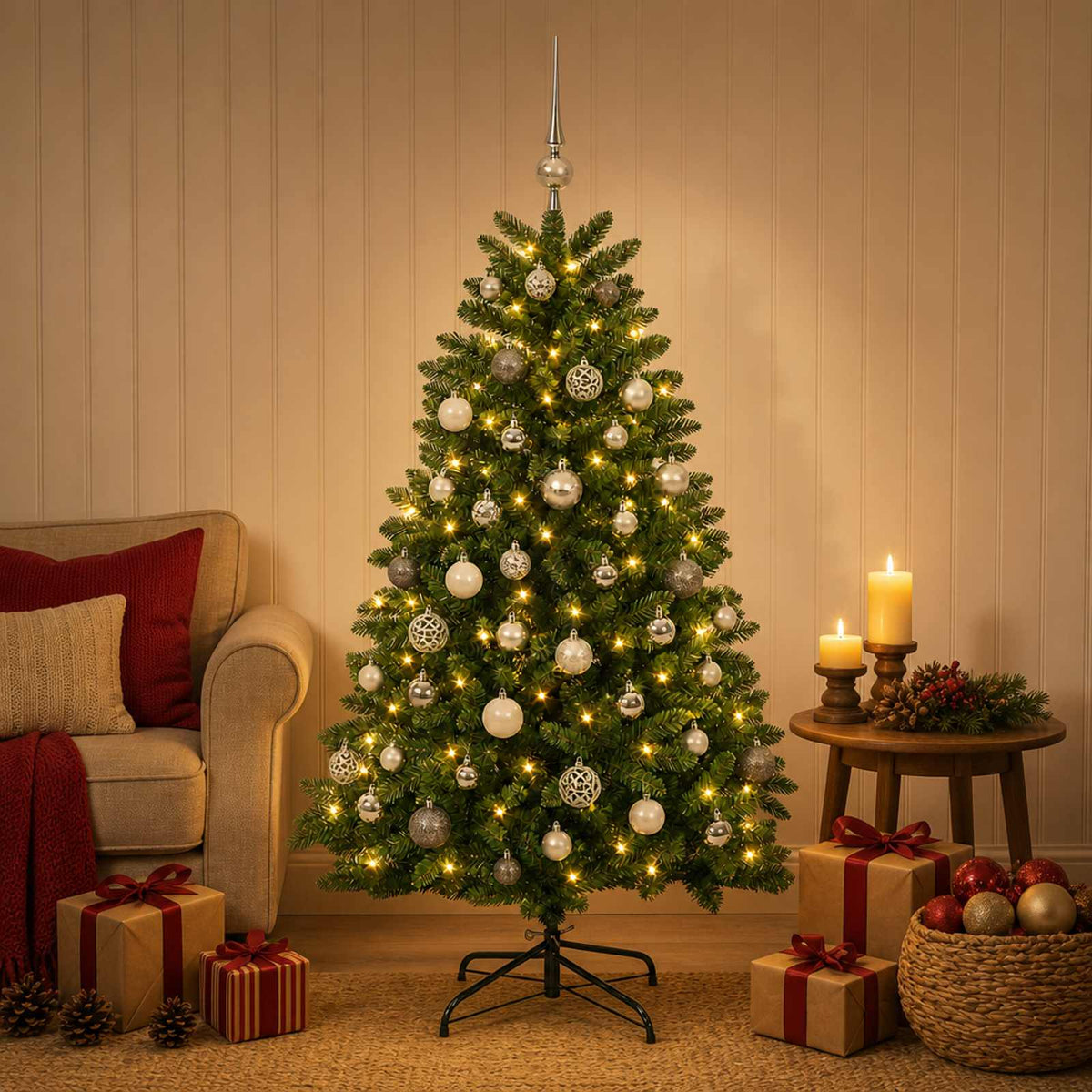Artificial Christmas Tree Mid-green with Bauble 180 cm 300 LEDs Medium Green Ø 90 x 180 cm with 300 LEDs&white/grey balls