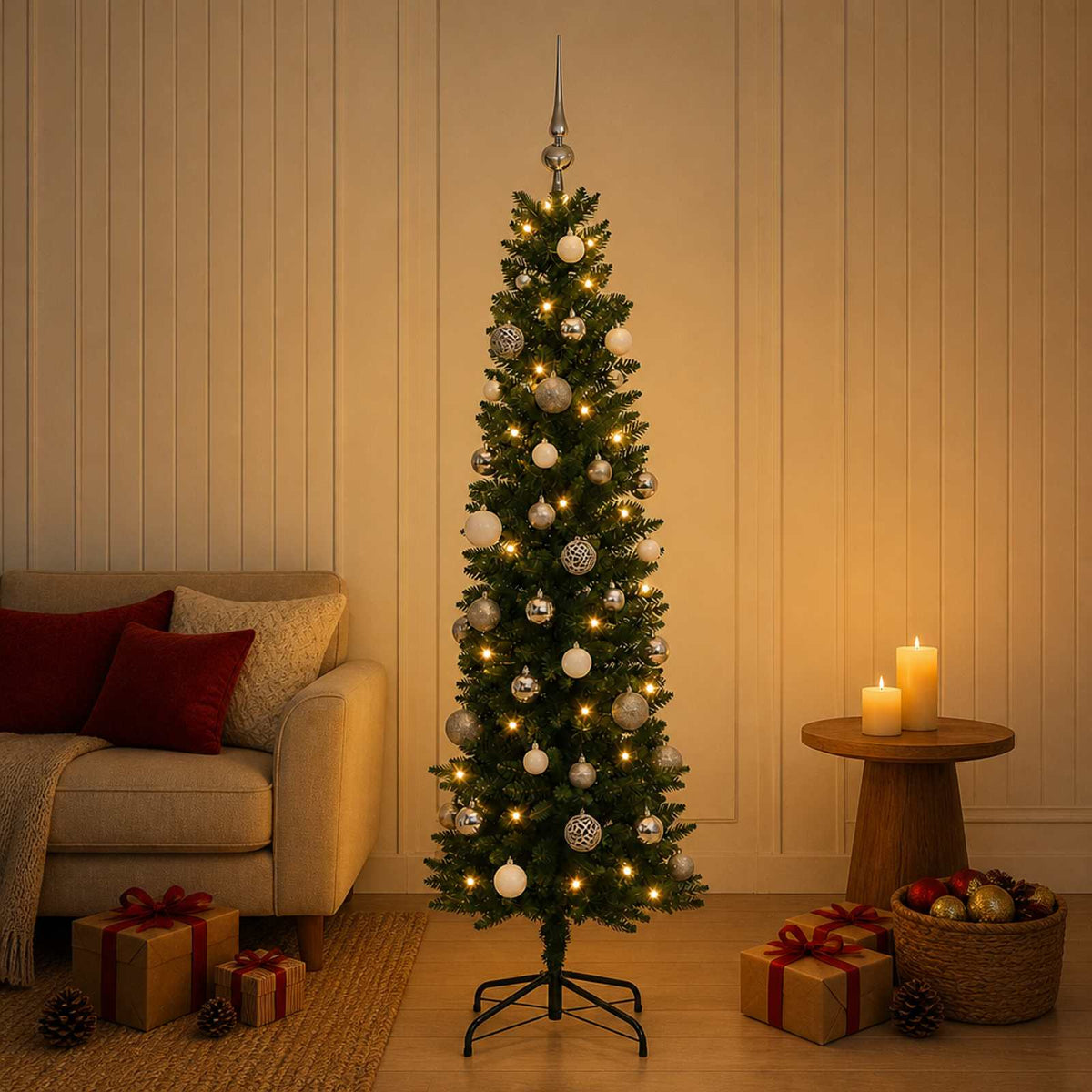 vidaXL Artificial Slim Christmas Tree with Baubles 150 cm 150 LEDs 1