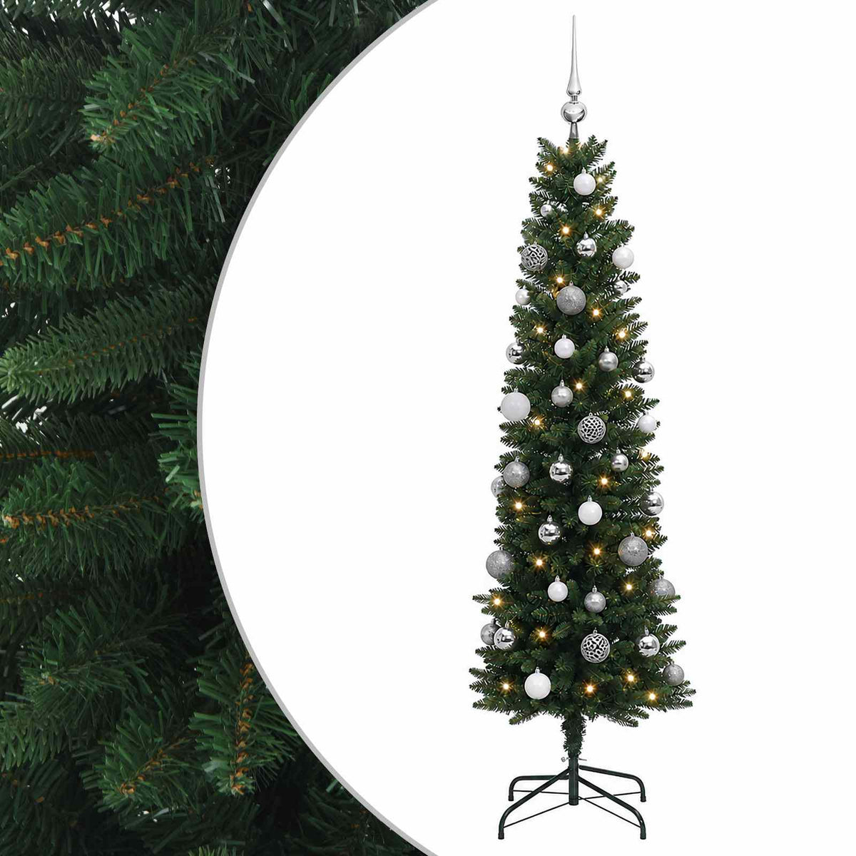 vidaXL Artificial Slim Christmas Tree with Baubles 150 cm 150 LEDs 2