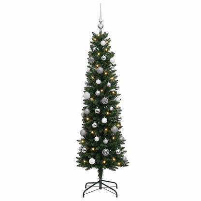 vidaXL Artificial Slim Christmas Tree with Baubles 150 cm 150 LEDs 4