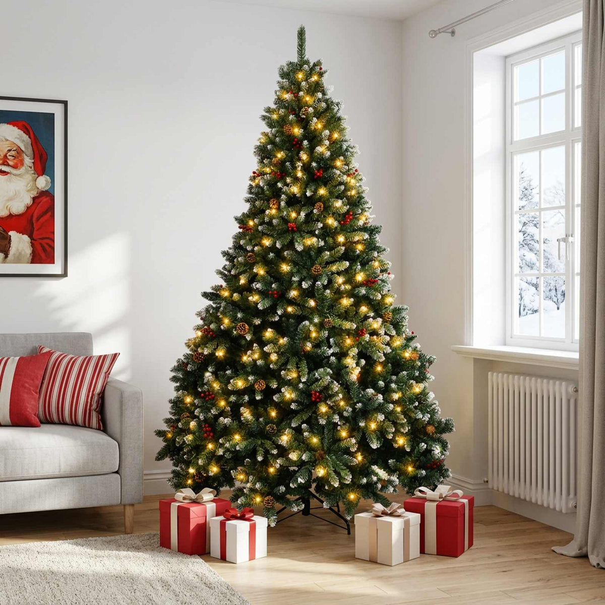 Artificial Christmas Tree Green with Bauble 210 cm 300 LEDs Green with Frosted Tips Ø 138 x 210 cm with 300 LEDs