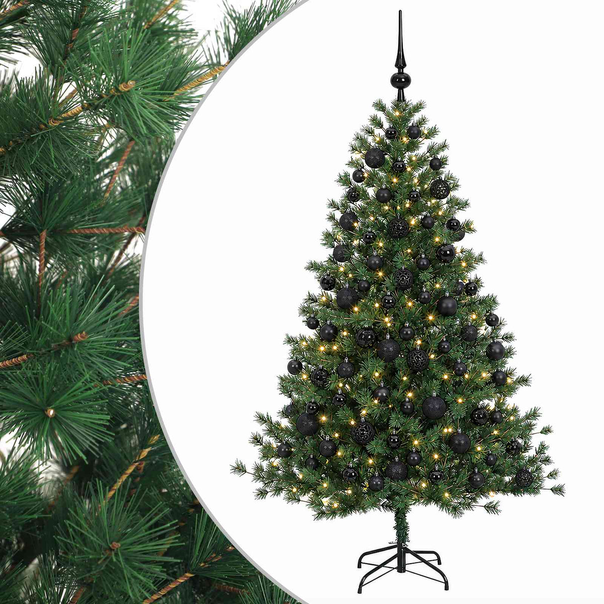 Artificial Christmas Tree with Bauble 300 LEDs Height 180 cm with LEDs & black balls