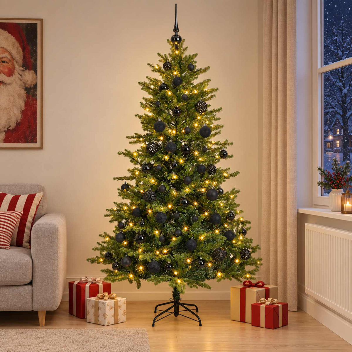 Artificial Christmas Tree with Bauble 300 LEDs Green Height 240 cm with LEDs & black balls