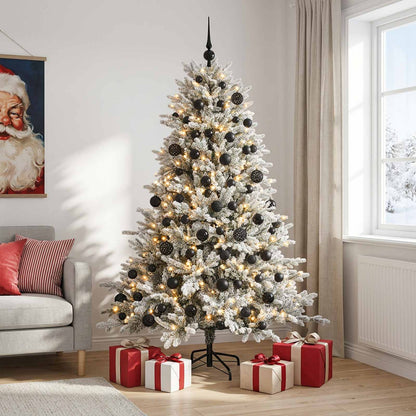 Artificial Christmas Tree with Bauble 150 LEDs Green and White 180 cm with LEDs & black balls