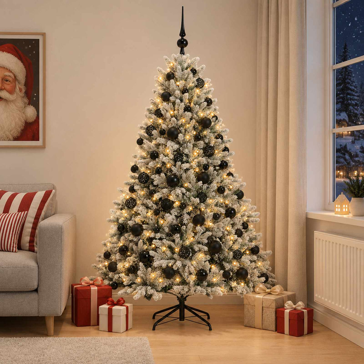 Artificial Christmas Tree with Bauble 300 LEDs Green and white Height 210 cm with LEDs & black balls
