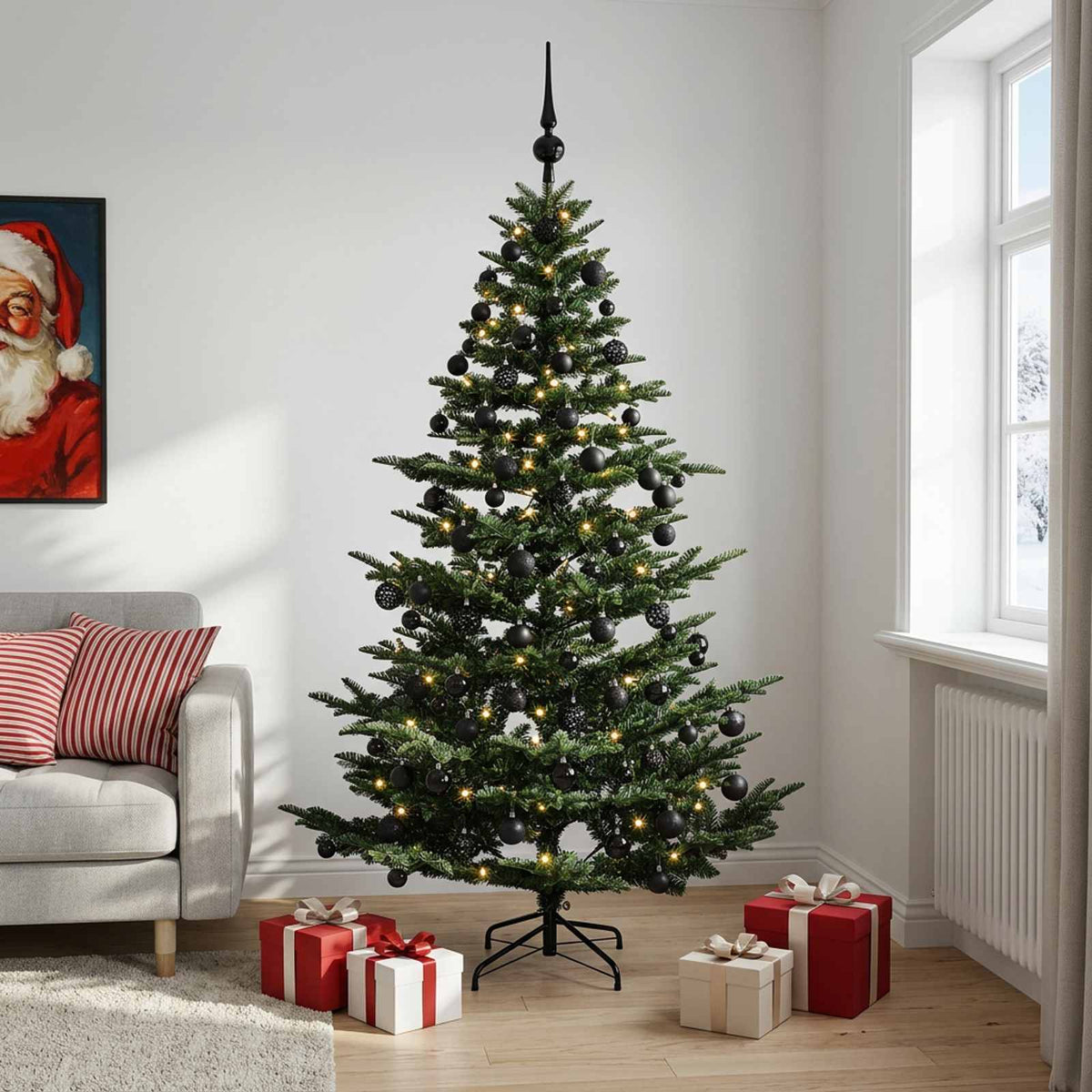 Artificial Christmas Tree with Bauble 300 LEDs Green Height 240 cm with LEDs & black balls