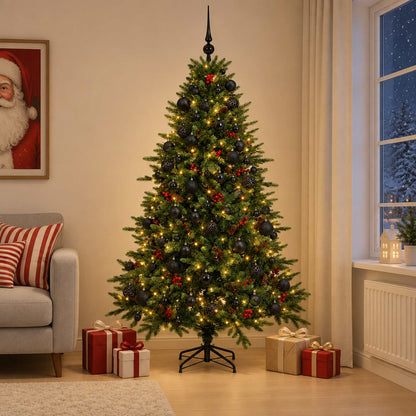 Artificial Christmas Tree with Bauble 300 LEDs Green 210 cm with LEDs & black balls