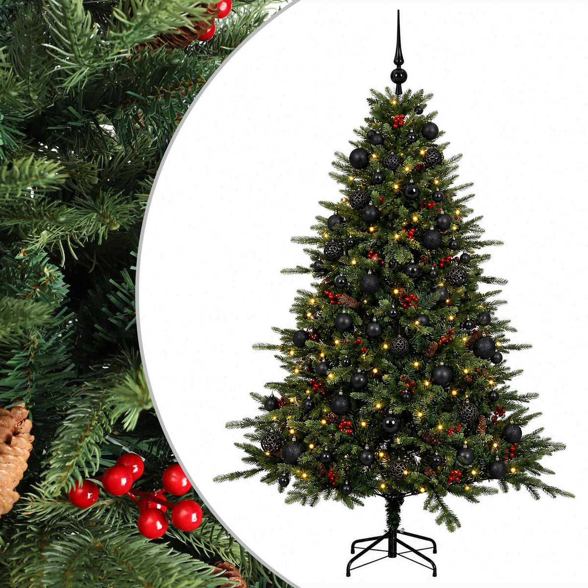 Artificial Christmas Tree with Bauble 300 LEDs Green 210 cm with LEDs & black balls