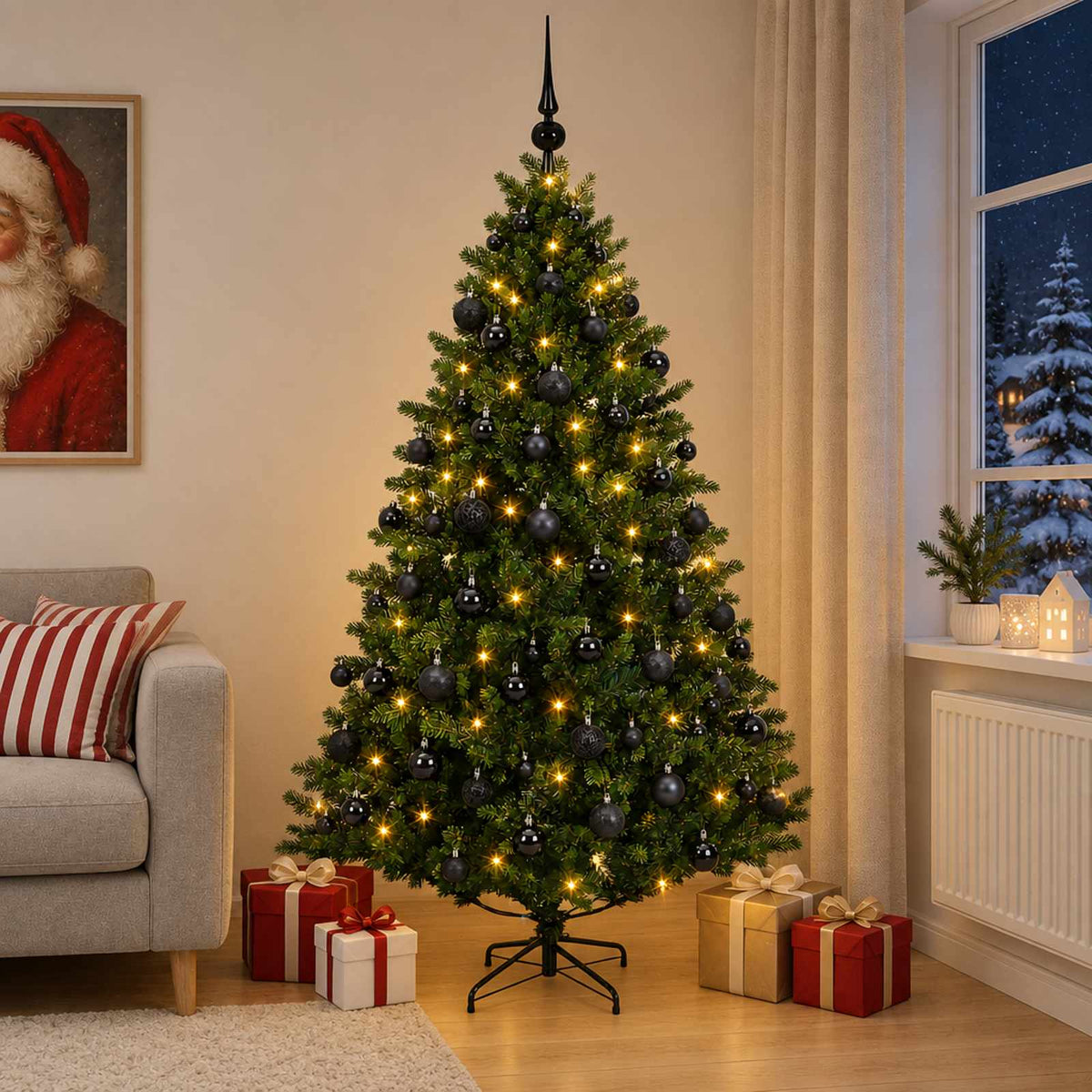 Artificial Christmas Tree with Bauble 300 LEDs Green 210 cm with LEDs & black balls