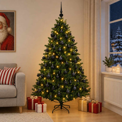 Artificial Christmas Tree with Bauble 300 LEDs Green 210 cm with LEDs & black balls