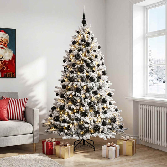Artificial Christmas Tree with Bauble 300 LEDs Green and white 180 cm with LEDs & black balls